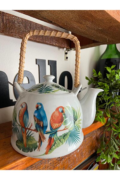 ALEV EMAYE Porselen Hasır Saplı Bitki Çayı Demliği – Papağan Desenli, Kapaklı...