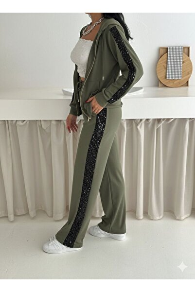 aselon Women's Tracksuit Set with Pul/Sequin Stripes and Zippered Hood
