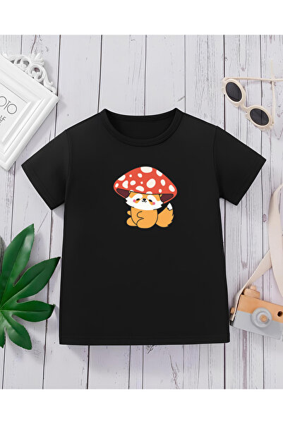 CDA Premium Cute Mushroom Fox Black Unisex Copii tricou