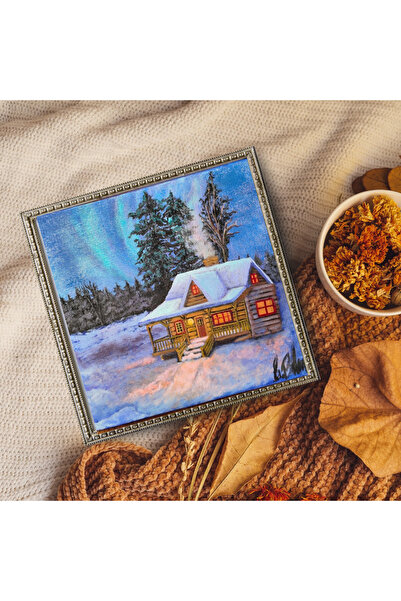 GülayArtStudio Kuzey Işıkları Altında Kış Evi – 20x20 cm El Yapımı Akrilik Ta...