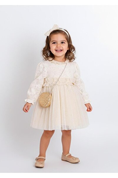 ministok Perla Ecru Girl's Dress with Tutu Skirt and Bag Accessories