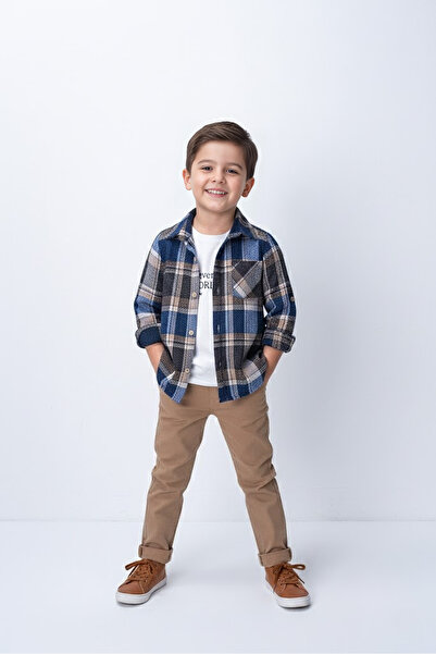 FURYATEX Boys' 3-Piece Set Plaid Shirt T-Shirt and Pants Set