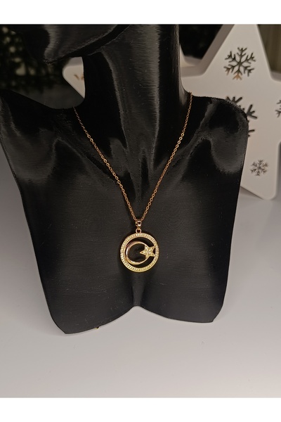 AKSESUARIM Çelik Gold Ay Yıldız Figürlü Kolye - Zirkon Taşlı Halkalı Türk Bay...