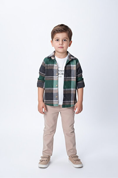 FURYATEX Boys' 3-Piece Set Plaid Shirt T-Shirt and Pants Set