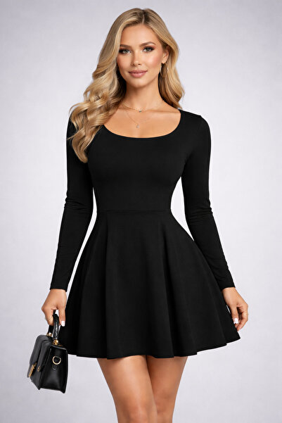 Monapera Kadın U Yaka Uzun Kollu Mini Ithal Krep Elbise