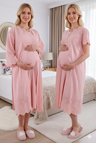 lohusahamile Powder Fisto Linen Maternity Dressing Gown Nightgown Set