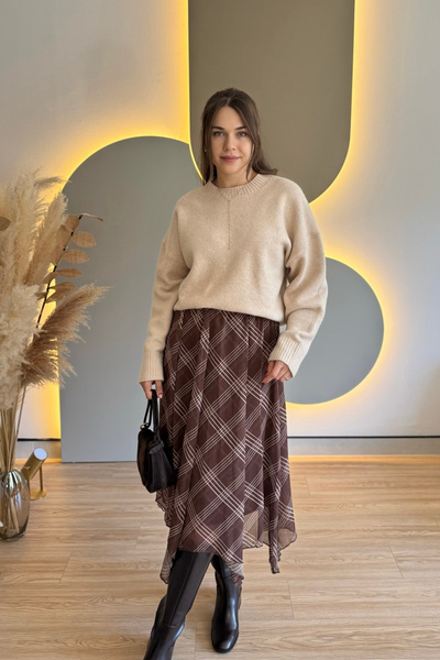 Aventien Plaid Patterned Asymmetrical Brown Chiffon Skirt