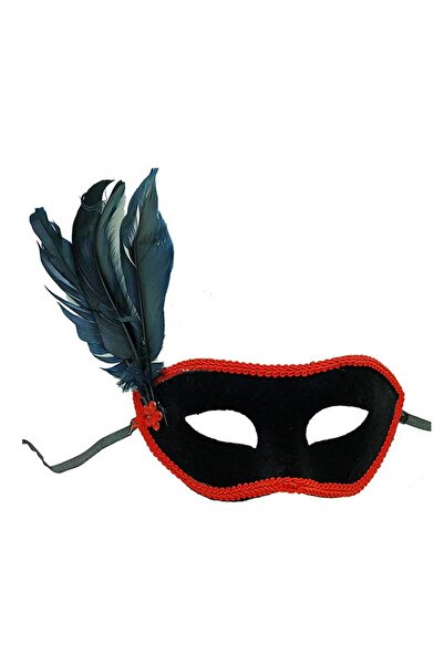 Skygo Black Color Side Feather Black Suede Covered Party Prom Mask 21x20 cm
