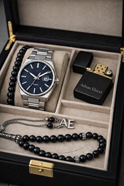 pierrose Siyah Kadranlı Çelik Erkek Saat Seti İsim Yazılı Çakmak Tesbih Bilek...