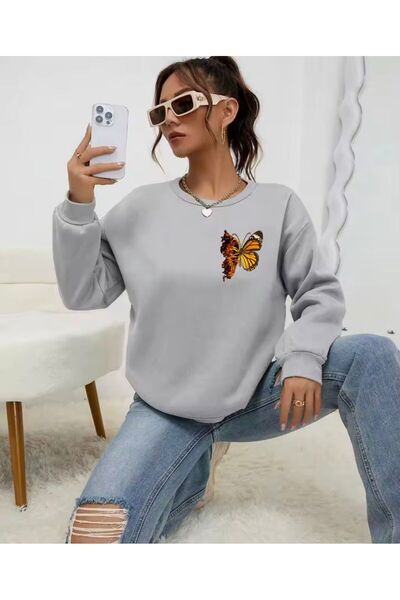 LELVANİ Withered Leaf Butterfly Print Pattern Sweatshirt