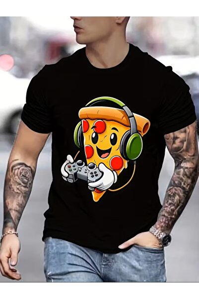 LELVANİ Cartoon Pizza Game Graphic Pattern Print T-Shirt