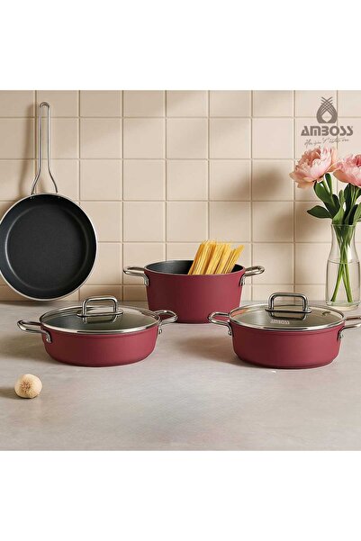 Amboss طقم أواني جرانيت - 7 قطع (أحمر)