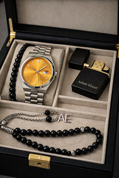 pierrose Sarı Kadranlı Çelik Erkek Saat Seti İsim Yazılı Çakmak Tesbih ve Bil...