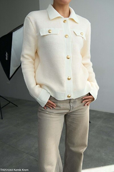 ibeeka Gold button design cardigan bone cream color