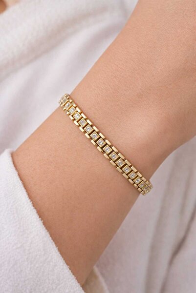 sheenez CM JEWELRY Gold Kordon Zincir Model Zirkon Taşlı Kadın Çelik Bileklik