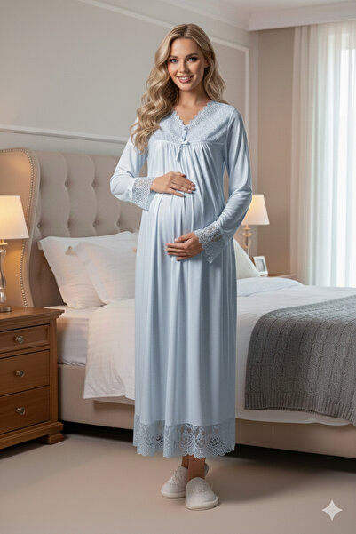 lohusahamile Effortt Blue 100% Cotton Long Sleeve Lace Maternity Nightgown