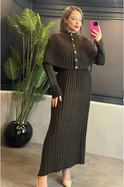 MİR STORE Brown Cape Detailed Pleated Knitwear Dress (Set of 2)