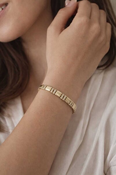 sheenez CM JEWELRY Gold Kare Viral Model Zirkon Taşlı Çelik Bileklik