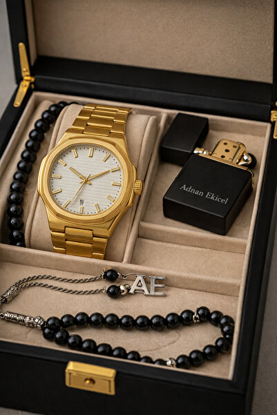 pierrose Altın Kaplama Çelik Erkek Saat Seti Beyaz Kadran İsim Yazılı Çakmak ...