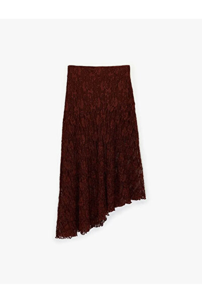 Koton Yüksek Bel Asimetrik Dantelli Midi Bordo Kadın Etek 6WAL70049IK