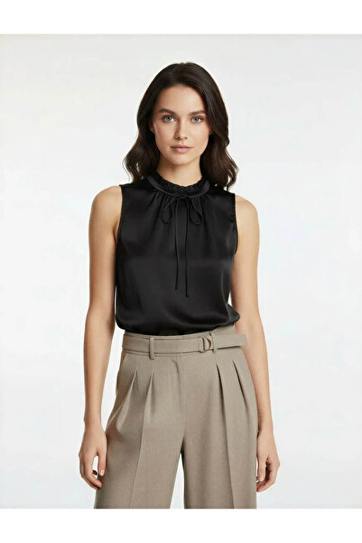 Koton Tie-Up Detail Stand-Up Ruffle Collar Sleeveless Black Women's Blouse 6W...