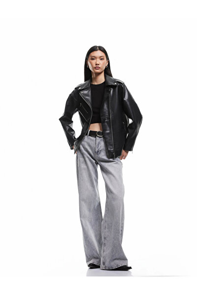 Koton سترة جلدية نسائية سوداء طويلة الأكمام مع جيب بسحاب 6WAK20015EW