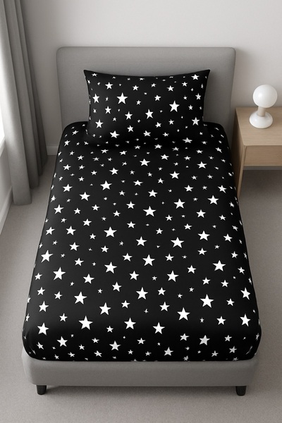 Ezgi Patterned Single Black Star Fitted Sheet and 1 Pillowcase with Cover