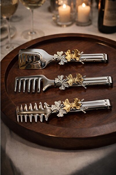 Kitchen Beauty Paslanmaz Çelik 3'lü Maşa Seti Kelebekli Şık Servis Sunum Takımı