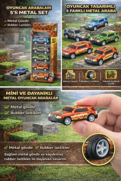 HGROUP Oyuncak Arabaları 5’li Set – Metal Gövdeli, Rubber Lastikli, Çocuk Oyu...