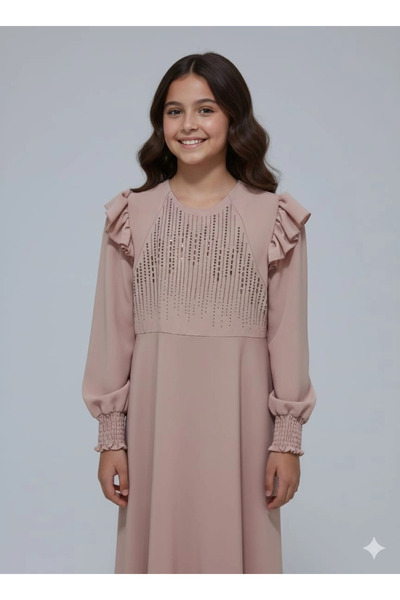 Yonca Çocuk Esmagül Kids 6852 Girl's Shoulder Ruffle Stone Embellished Long D...