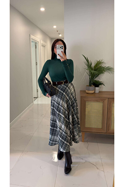 BİRCANÇİL Poppes Çağla Ecru Plaid Belted Skirt