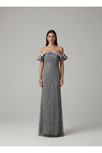 MODA Gümüş Gri Straplez Prenses Yaka Komple Boncuk İşlemeli Uzun Abiye Elbise