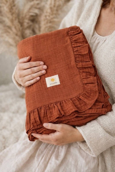 Heianmono Kids Brown 4 Layer Muslin Ruffled Baby Blanket (100X100)