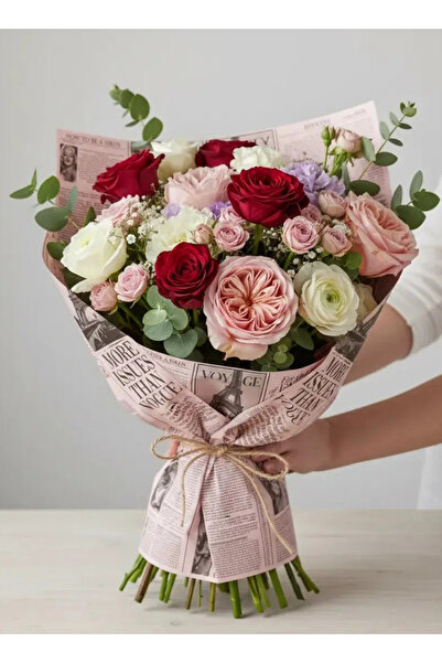 weloveis Gazete Tasarımlı Açık Pembe Renk Çiçek Buket Kağıdı -55x55cm-20Sayfa