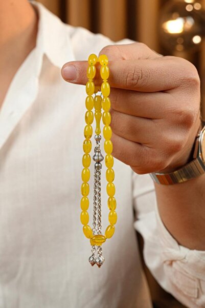 dergah tesbih Eşref Series Silver Design Moire Yellow Crimped Amber Prayer Beads