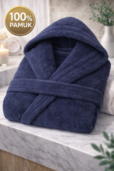 İQON 100% бавовняний унісекс халат для ванної кімнати, однотонний, СИНІЙ