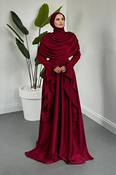 MERVEN AKYÜZ Sharin Drapeli Kolları Fırfırlı Abiye Bordo