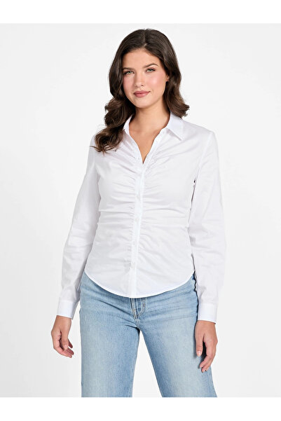 Guess Long Sleeve Emily Shirred Poplin Women's White Shirt W6Rh85W1Lu1-G011
