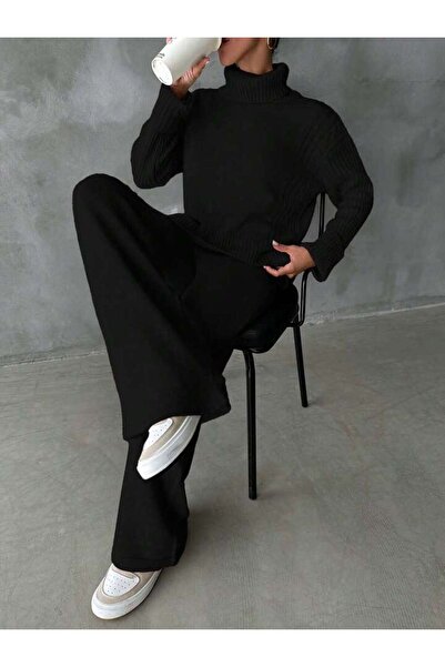 NLT Women's Corded Fabric Collar Hair Knit Patterned Side Slit Knitwear Set A...