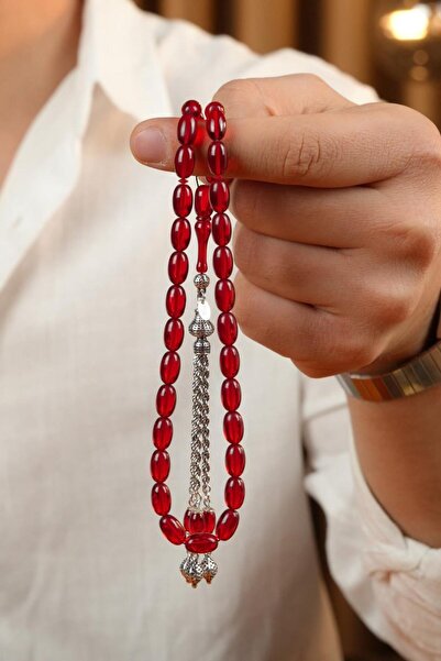 dergah tesbih Eşref Series Silver Design Red Crimped Amber Prayer Beads