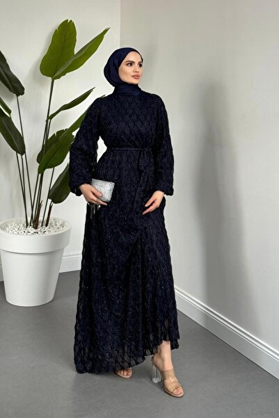MERVEN AKYÜZ Mahbanu Simli Astarlı Balon Kol Elbise Lacivert