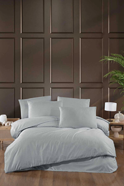 Mira Home Stripe Saten Line Double Duvet Cover Set Gray