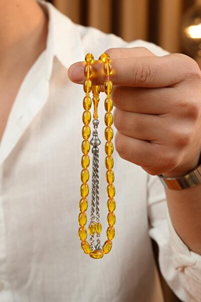 dergah tesbih Eşref Series Silver Design Yellow Crimped Amber Prayer Beads