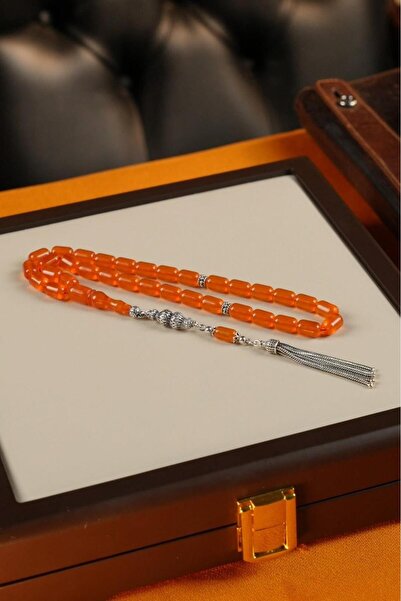 dergah tesbih Grand Series Silver Design Orange Crimped Amber Prayer Beads