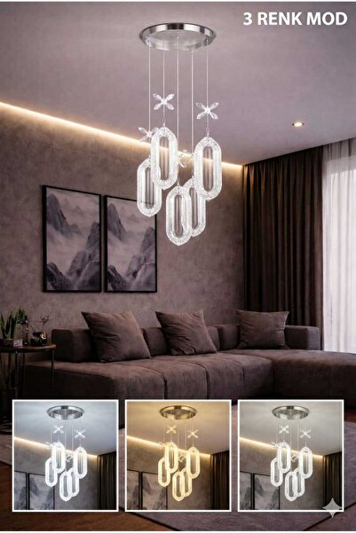 AURA LIGHTING 5'Li Elips Sarkıt Krom Avize 3 Renk LED Modern Avize