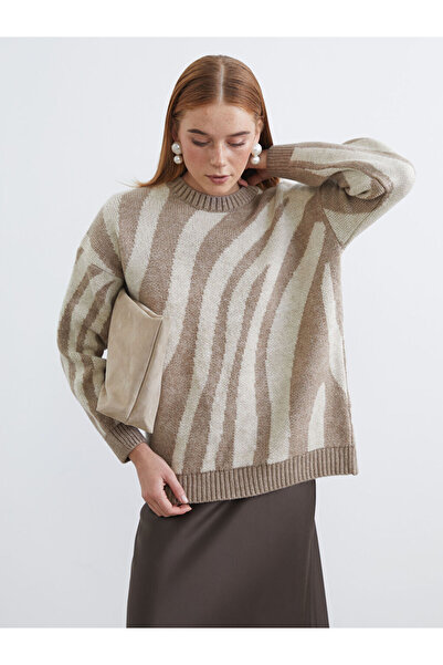 LC Waikiki Brown Crew Neck Zebra Patterned Women's Knitwear Tunic