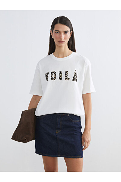 LC Waikiki Ecru Μπλούζα Oversize με Κανονική Λαιμόκοψη και Τυπωμένο Σχέδιο γι...