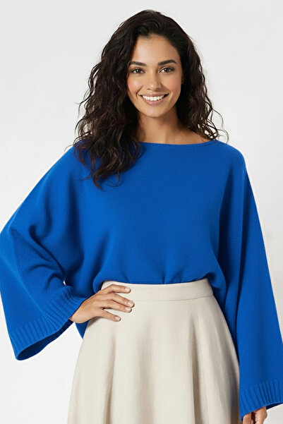 Devinka Women's Cobalt Blue Batwing Sleeve Soft Texture Boat Neck Knitwear Sw...