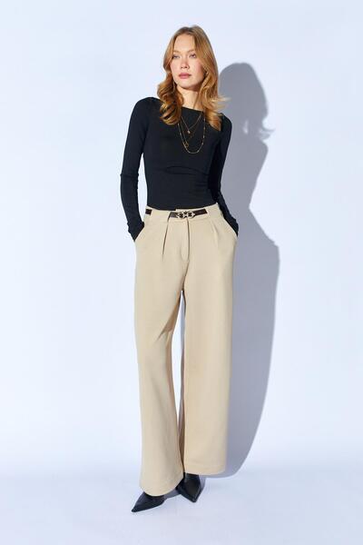 TENA Women's Beige Inside-Waisted Wide-Leg Wool Effect Trousers