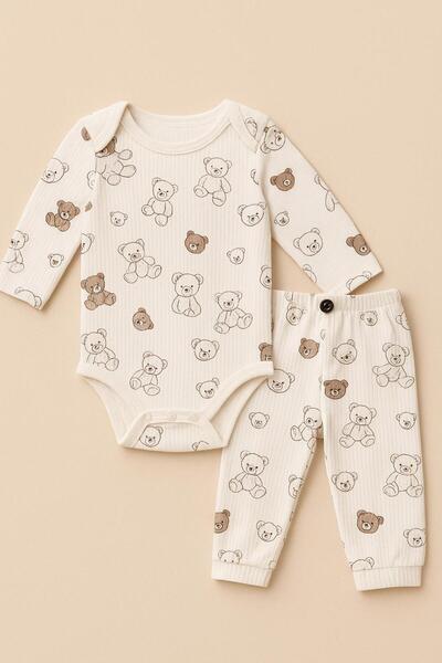 EFU BABY 2li Ayı Desenli %100 Pamuklu Unisex Bebek Body Pantolon Takım